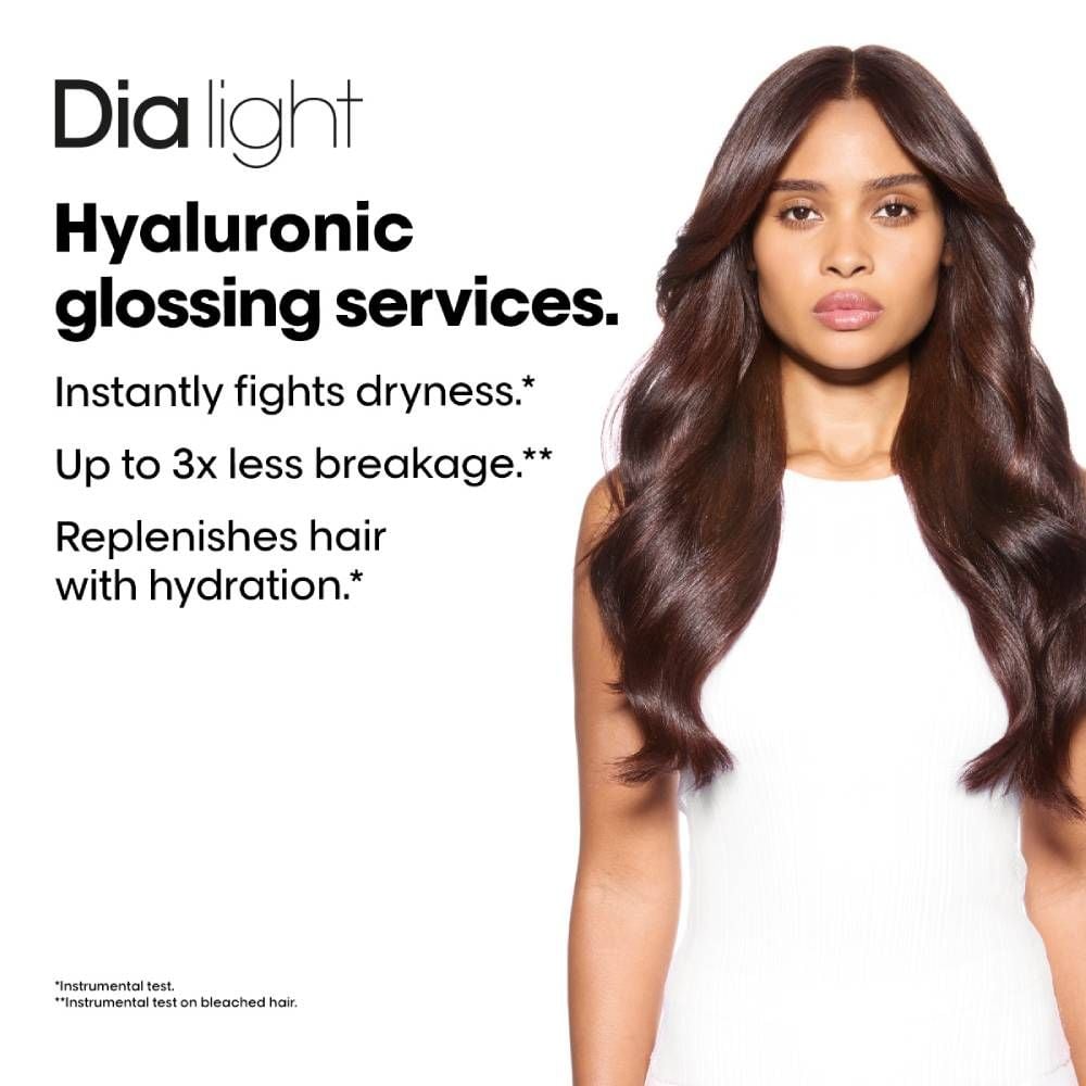Woman with long, wavy hair next to Dialight hair care product advertisement text.