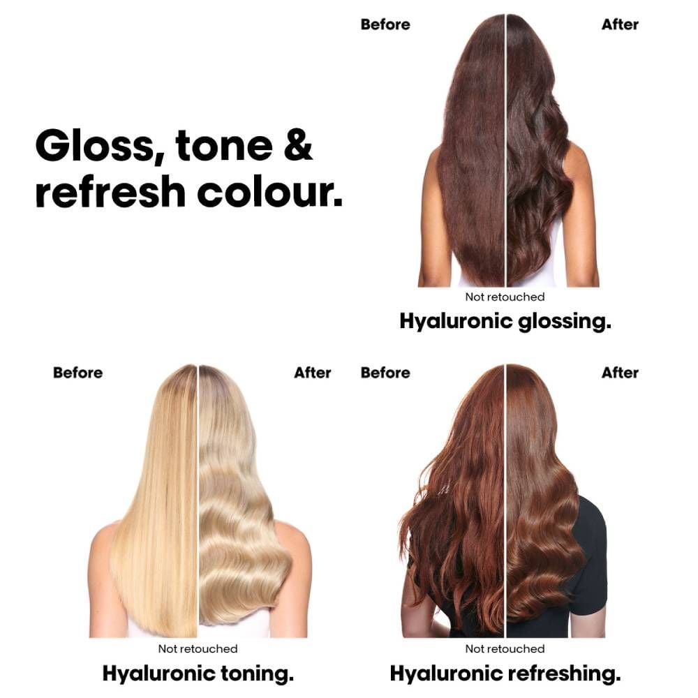 Before and after comparison of hair color treatment with text 'Gloss, tone & refresh color' on a white background.