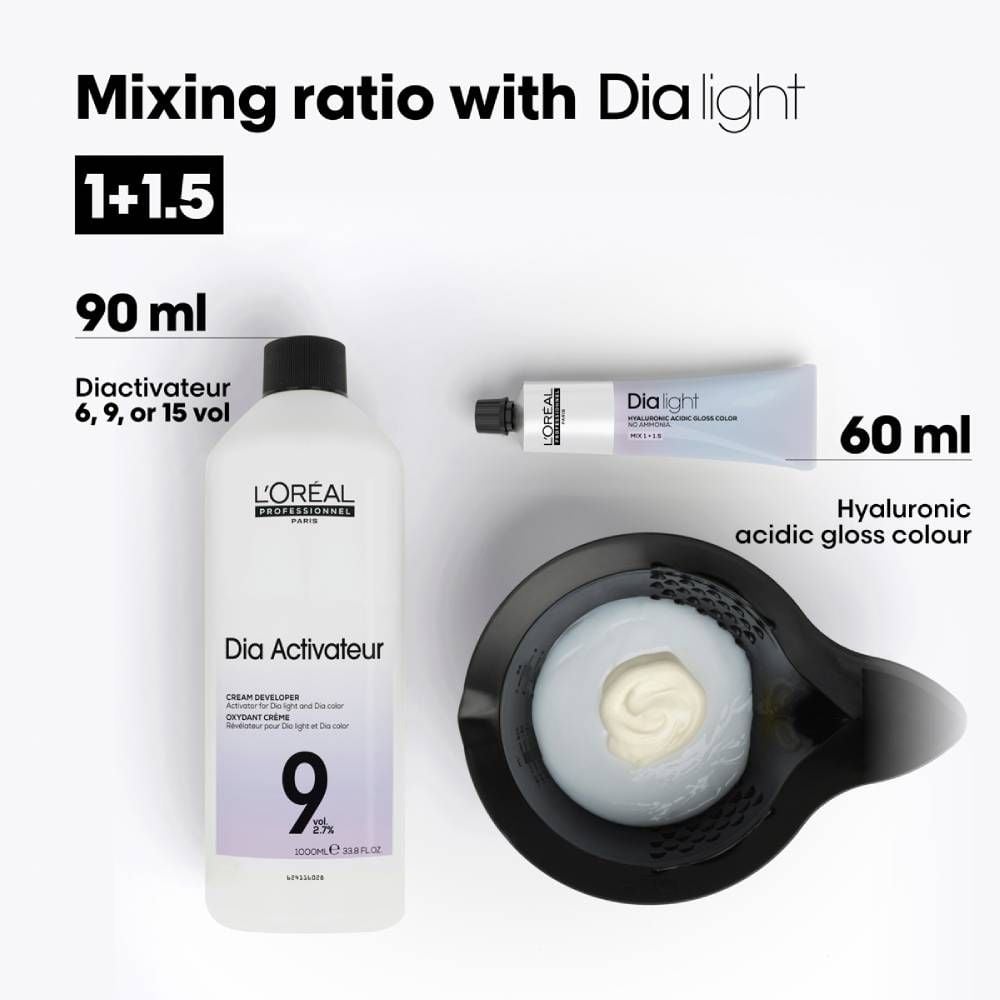 L'Oreal Dia Activator and Dia Light with mixing ratio information on a white background