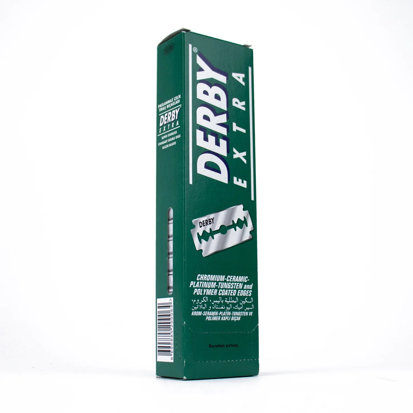 A tall green box of Derby Extra razor blades standing upright on a white background. The front and side of the packaging feature the Derby Extra branding in white, along with a silver razor graphic and product text.
