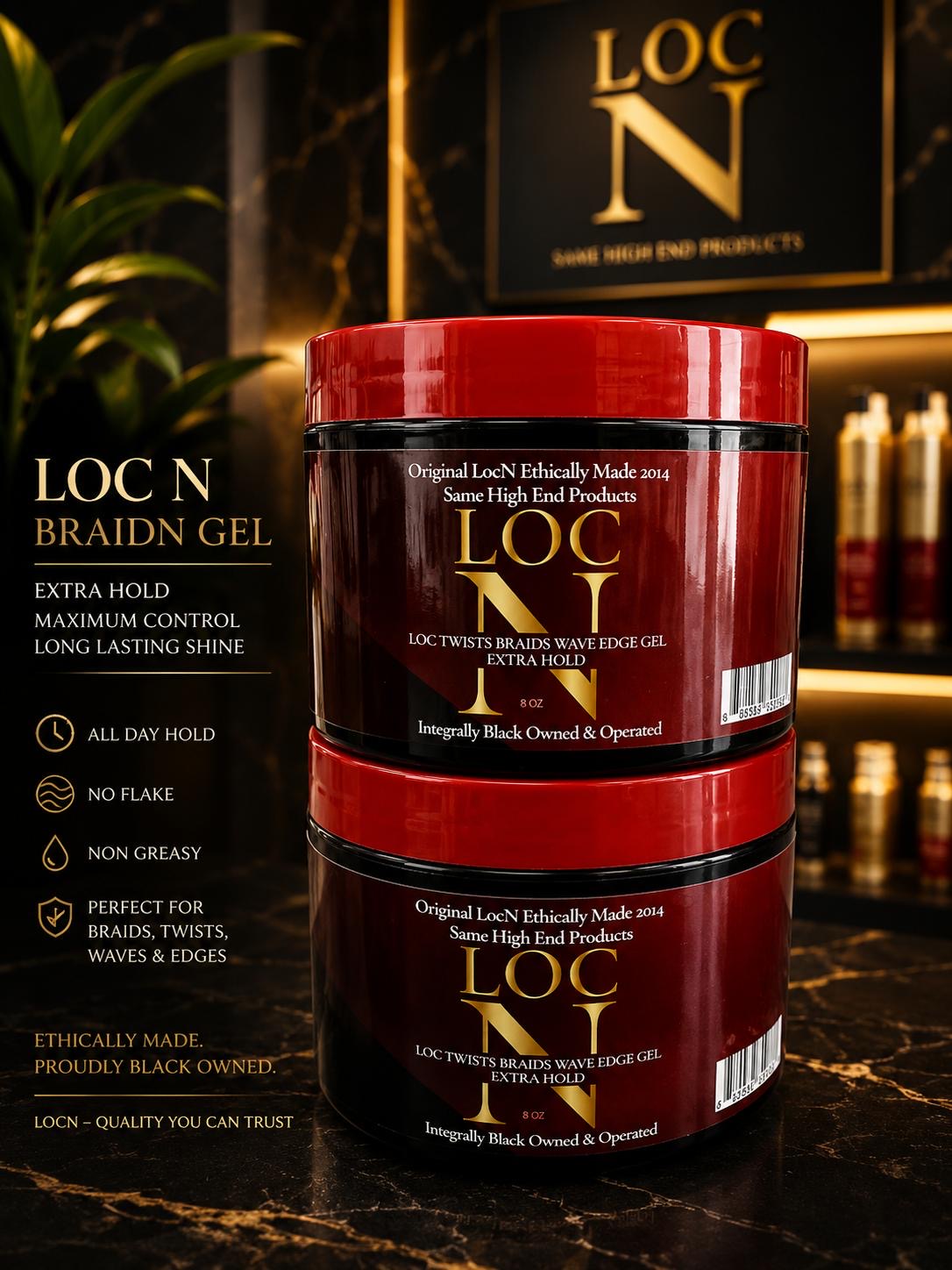 Two red and black jars of Loc N Braid Gel hair product stacked on a dark marble surface, with product text and branding visible on the left and background.