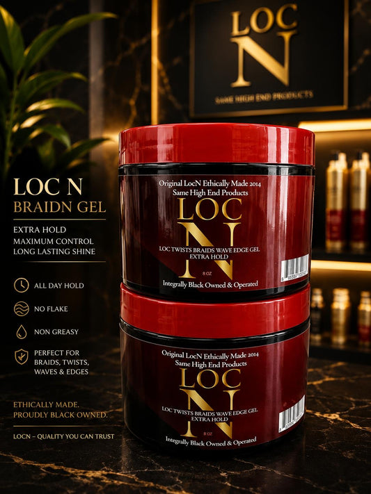 Two red and black jars of Loc N Braid Gel hair product stacked on a dark marble surface, with product text and branding visible on the left and background.