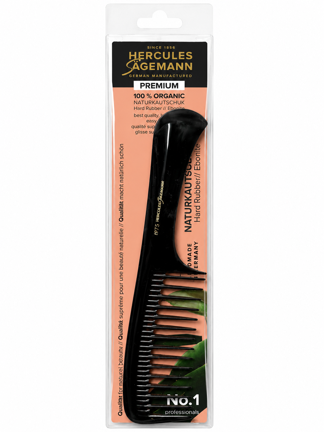 A black Hercules Agemann hard rubber hair comb in its original retail packaging, featuring a peach and black cardboard backing with product details.