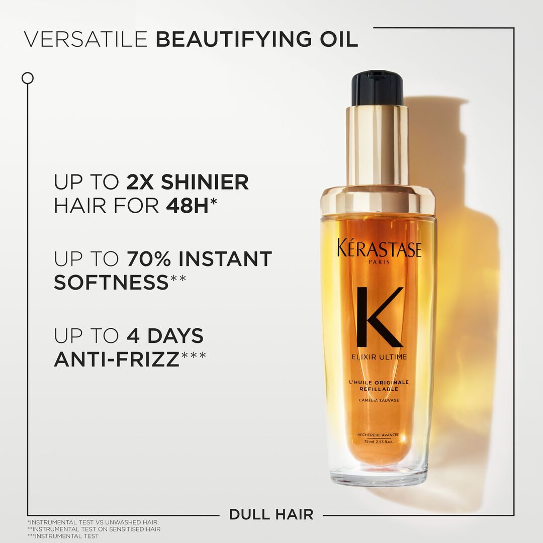 Kerastase Elixir Ultime hair oil bottle with product benefits on a white background