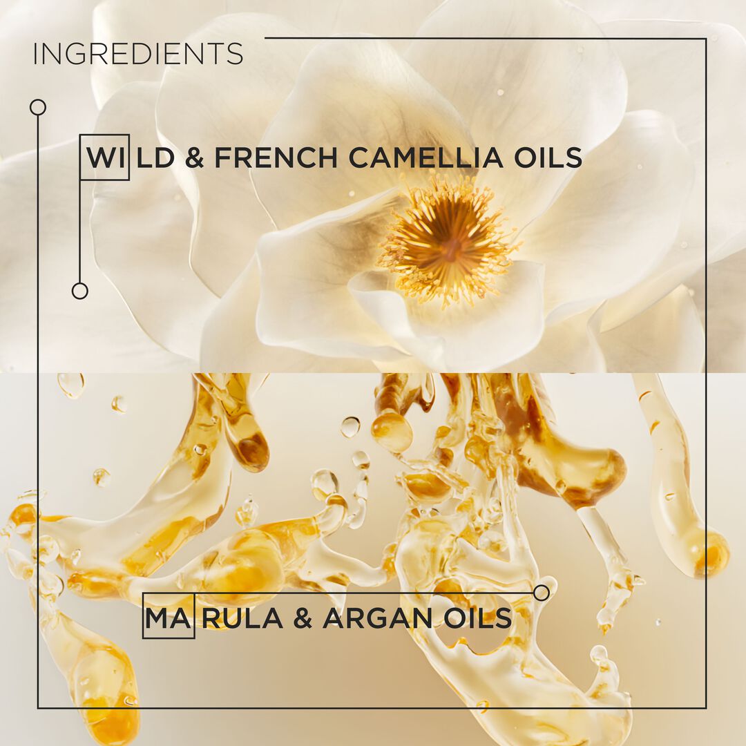 Floral design with oil droplets and text about ingredients on a beige background