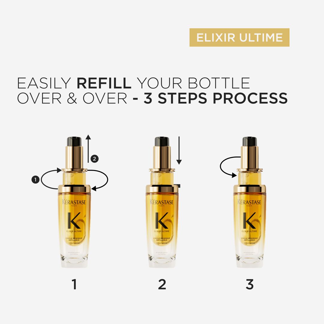 Three steps of a 3-step process for refilling a Kerastase bottle, with 'Elixir Ultime' branding.