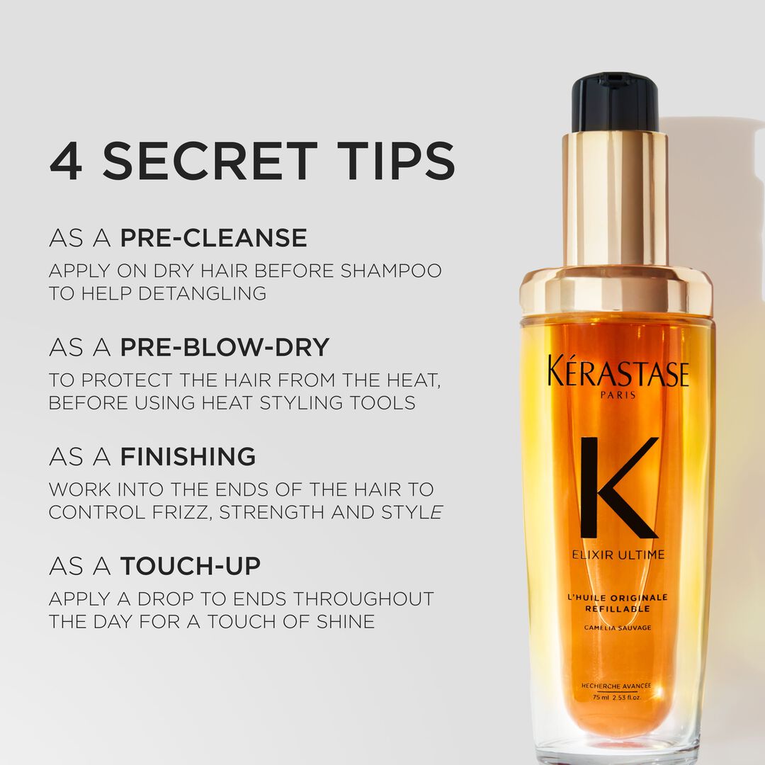 Kérastase hair product with usage tips on a light background
