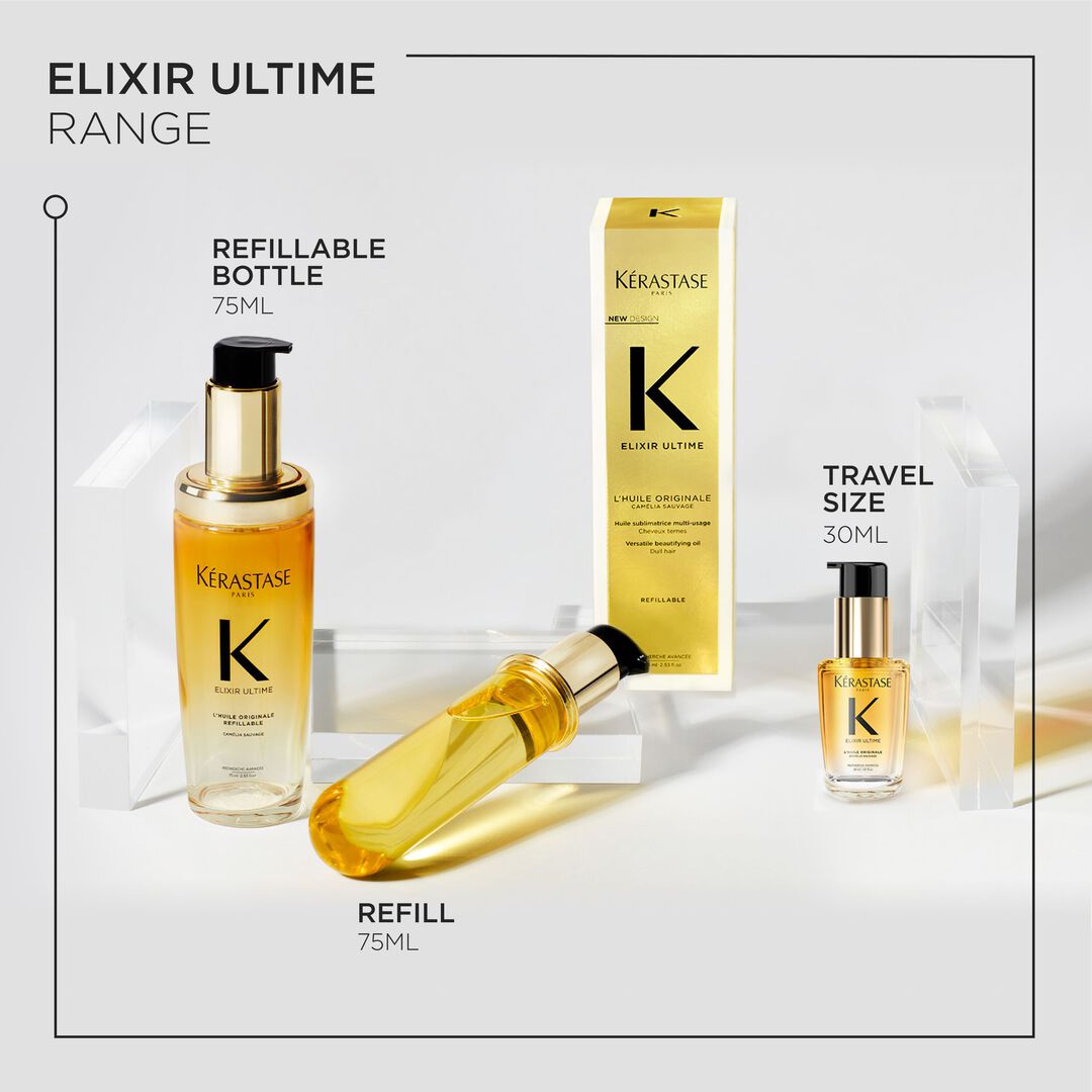 Kerastase Elixir Ultime product range including refillable bottle, travel size, and refill on a white background.