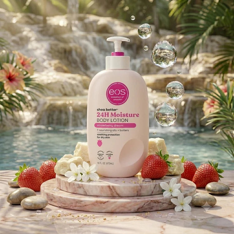EOS Better 24H Moisture Body Lotion bottle displayed on a marble pedestal with strawberries, flowers, bubbles, and a tropical waterfall background.
