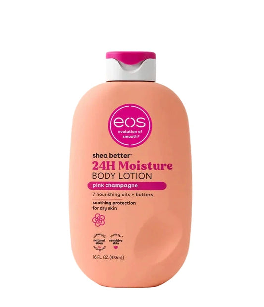 EOS Shea Better 24H Moisture Body Lotion in pink champagne scent, in a peach-colored bottle with a pink and white cap, shown on a light beige background with an Allure Best of Beauty 2023 award seal in the bottom left corner.