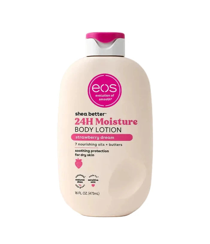 EOS strawberry dream body lotion bottle on a white background with Allure award logo.