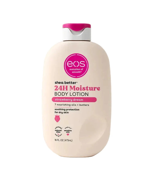 EOS strawberry dream body lotion bottle on a white background with Allure award logo.