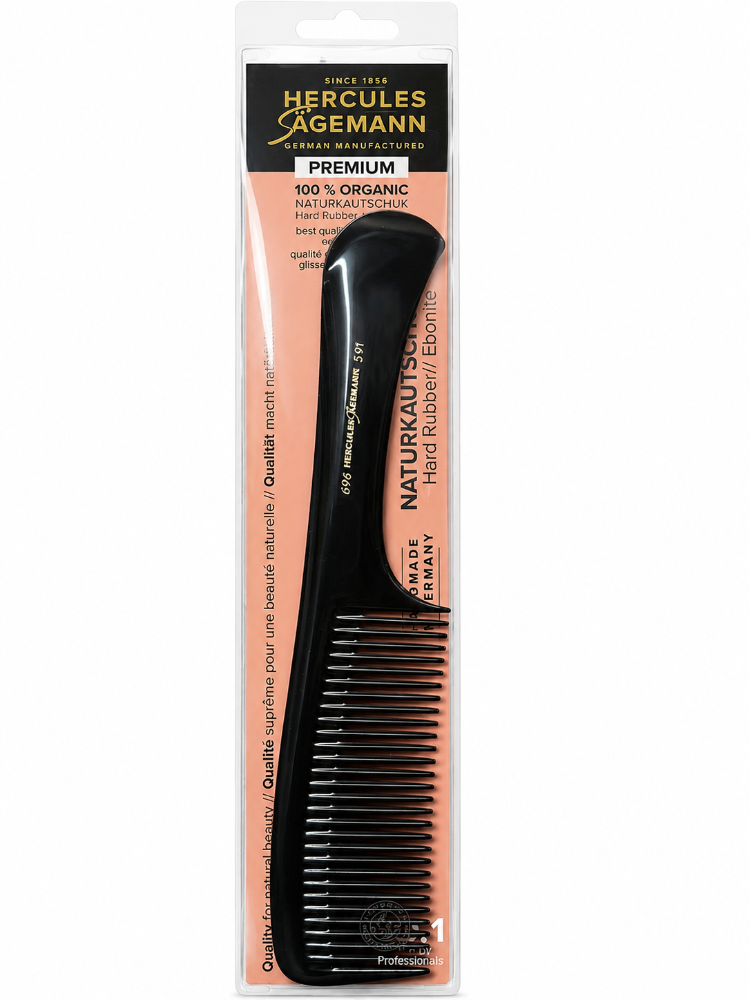 A black Hercules Agemann Naturkautsch Hard Rubber comb in its original retail packaging, featuring a peach and black cardboard backing.