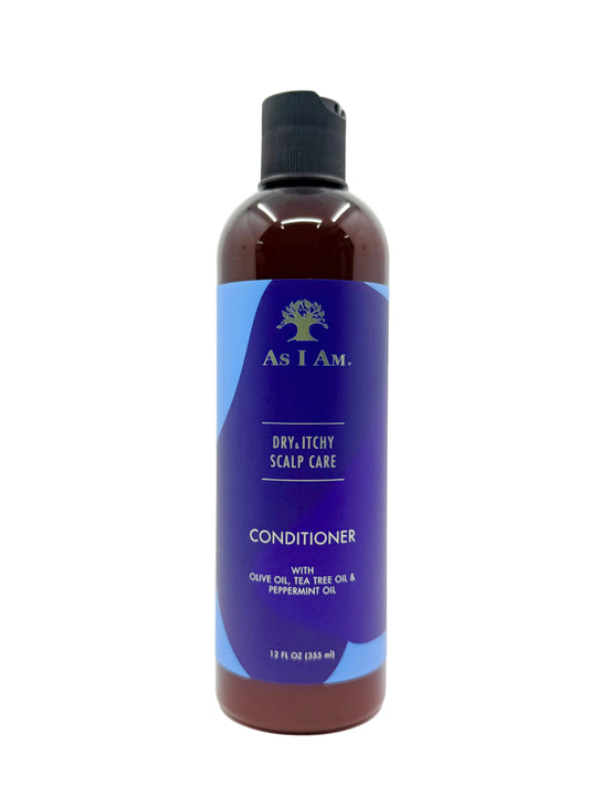A 16 fl oz bottle of As I Am Scalp Care Conditioner, featuring a dark purple label with a blue wave design and a black flip-top cap, set against a plain white background.