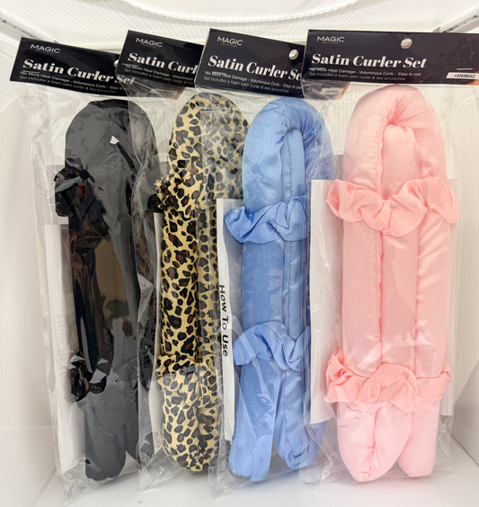 Satin curler set with various colors and patterns in packaging