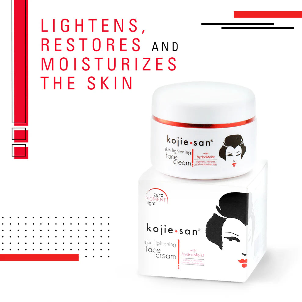 Kojie San skin lightening face cream jar and packaging on a white background with text about skin benefits.