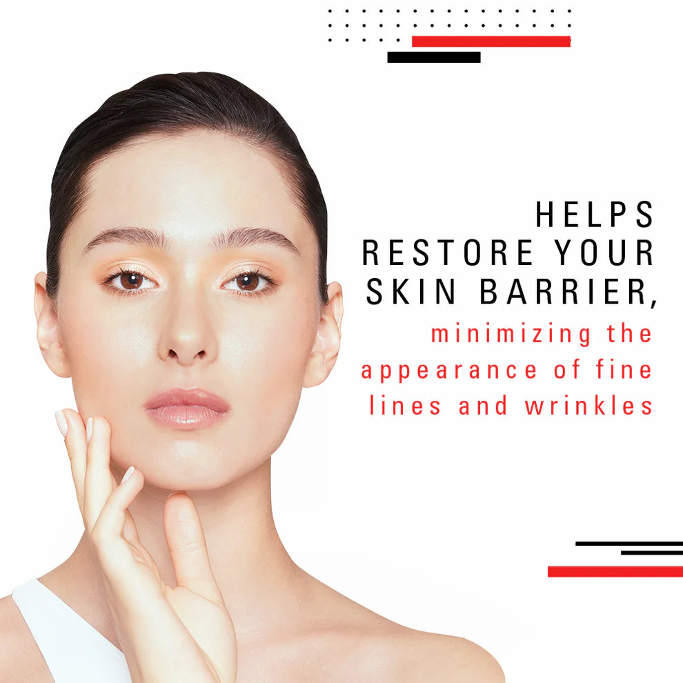 Woman touching her face with text about skin barrier restoration on a white background