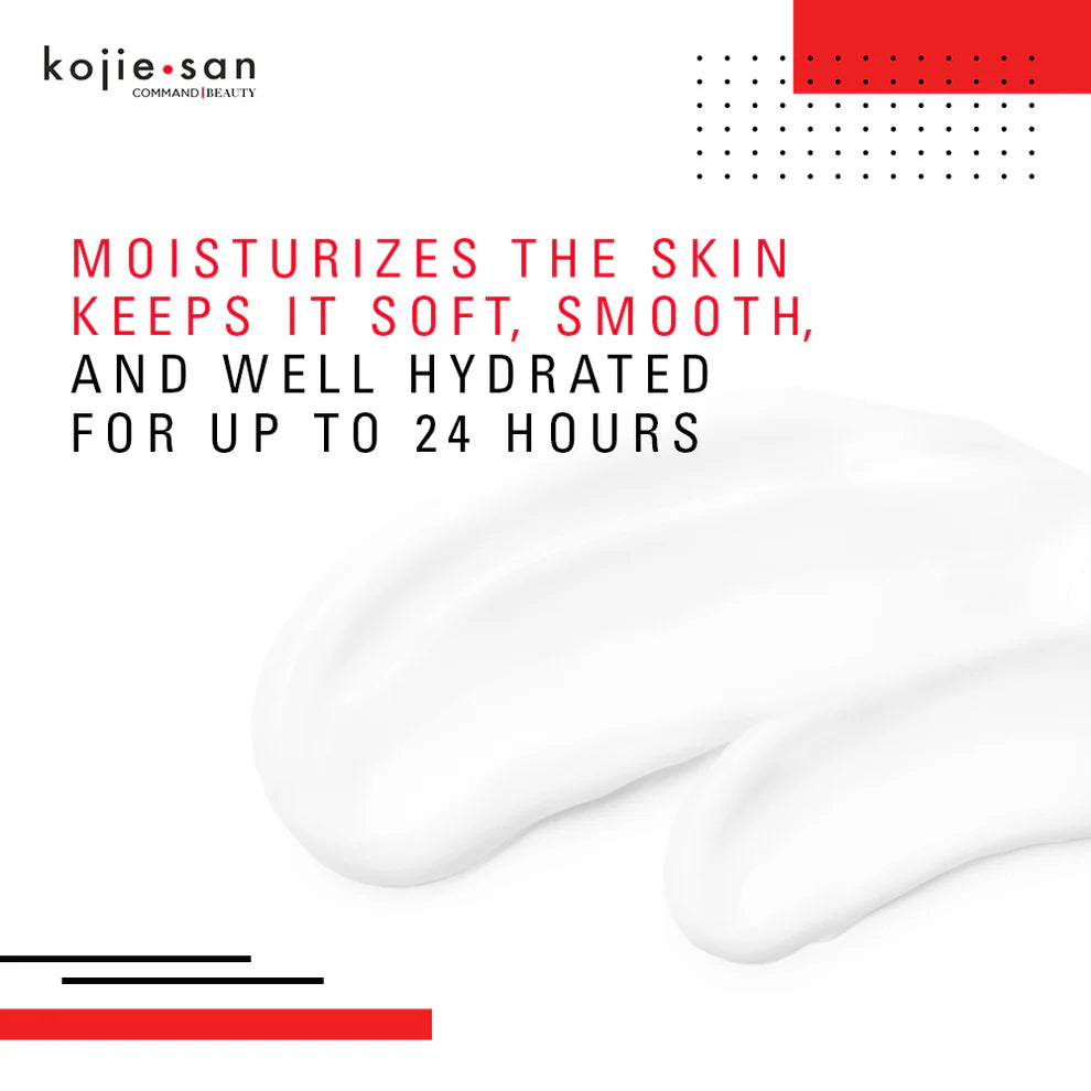 Kojie San advertisement with text about skin moisturization on a white background