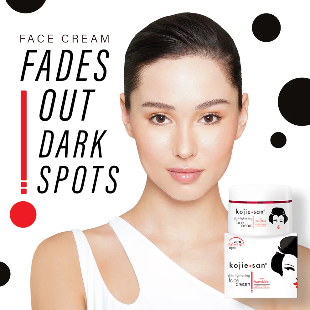 Woman with clear skin next to kojie-san face cream packaging on a white background