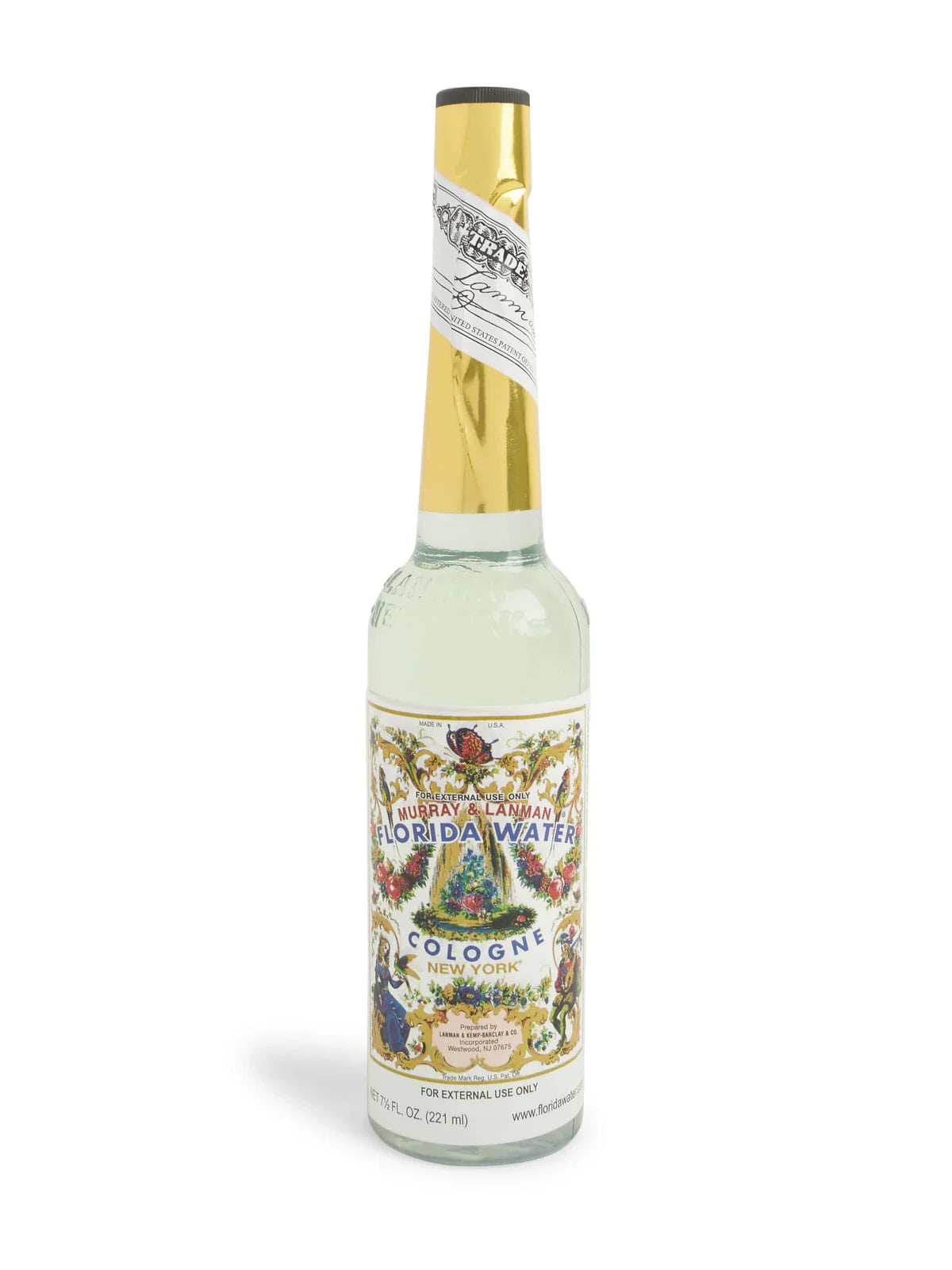 Bottle of Florida Water cologne with decorative label on a white background