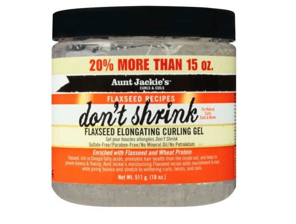 Jar of Aunt Jackie's don't shrink flaxseed elongating curling gel on a white background