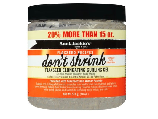 Jar of Aunt Jackie's don't shrink flaxseed elongating curling gel on a white background