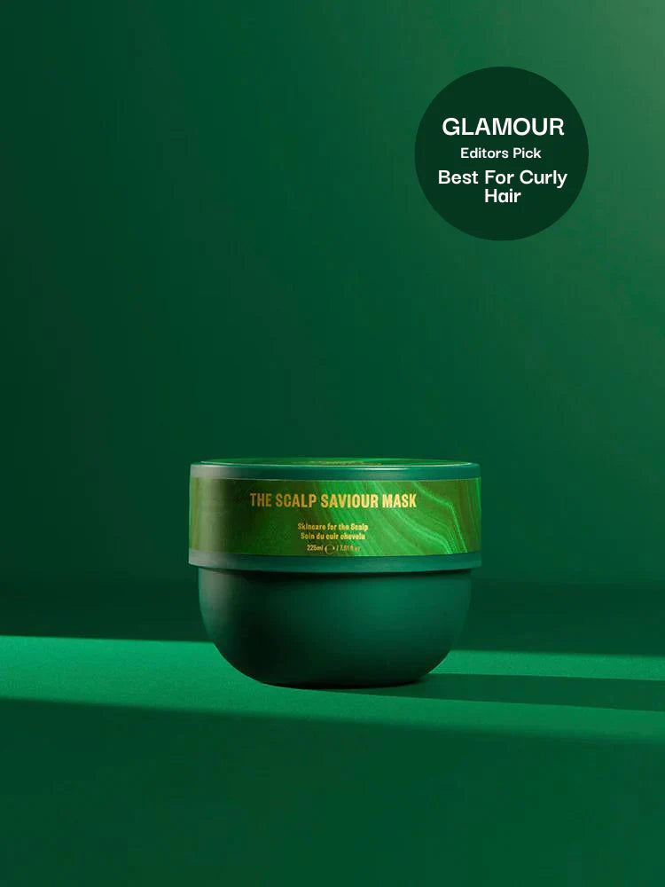 Green jar of 'The Scalp Saviour Mask' on a green background with 'Glamour' editors pick badge.