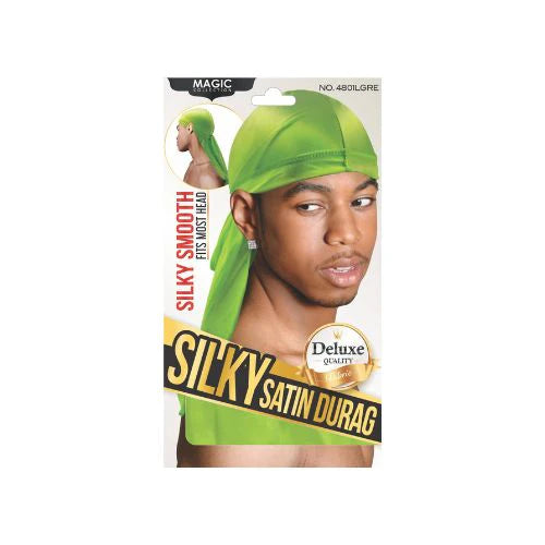 Silky Satin Durag packaging with a model wearing a green durag on a white background
