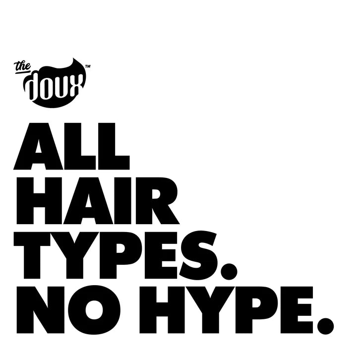 Black text on a white background with 'the doux' logo and slogan 'All hair types. No hype.'