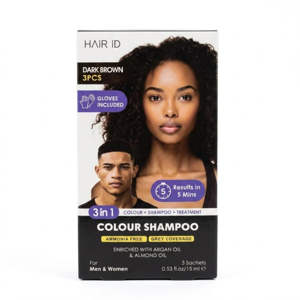 Hair ID colour shampoo packaging with a model and text on a white background