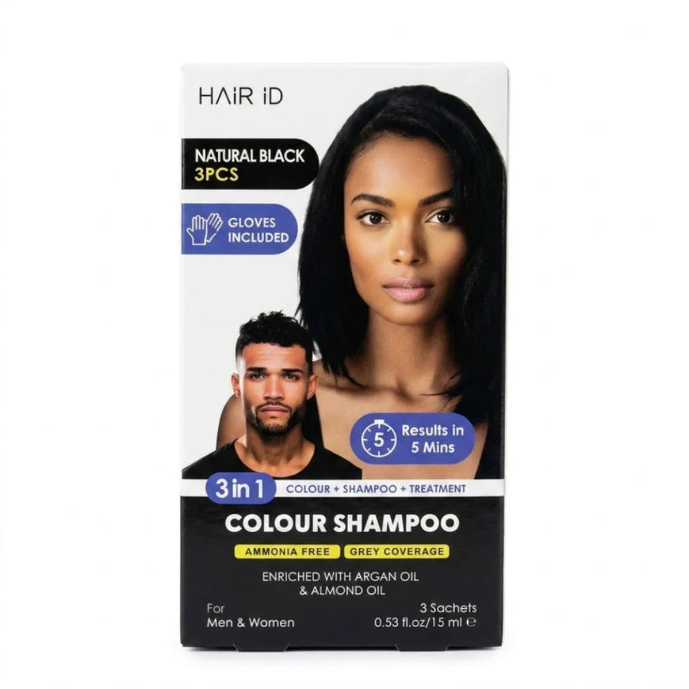 Hair ID colour shampoo packaging with a man and woman on a white background