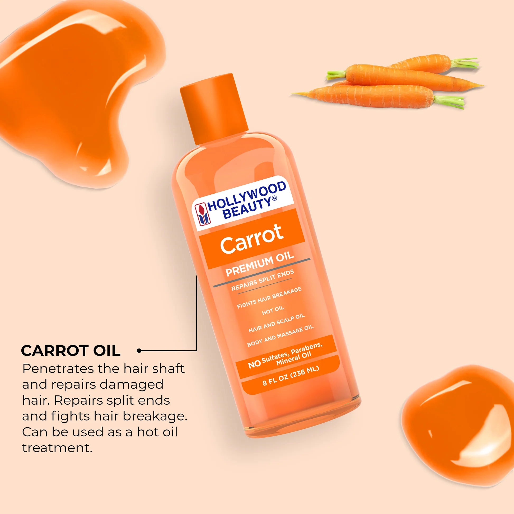 Hollywood Beauty Carrot Oil bottle with carrots and oil droplets on a beige background