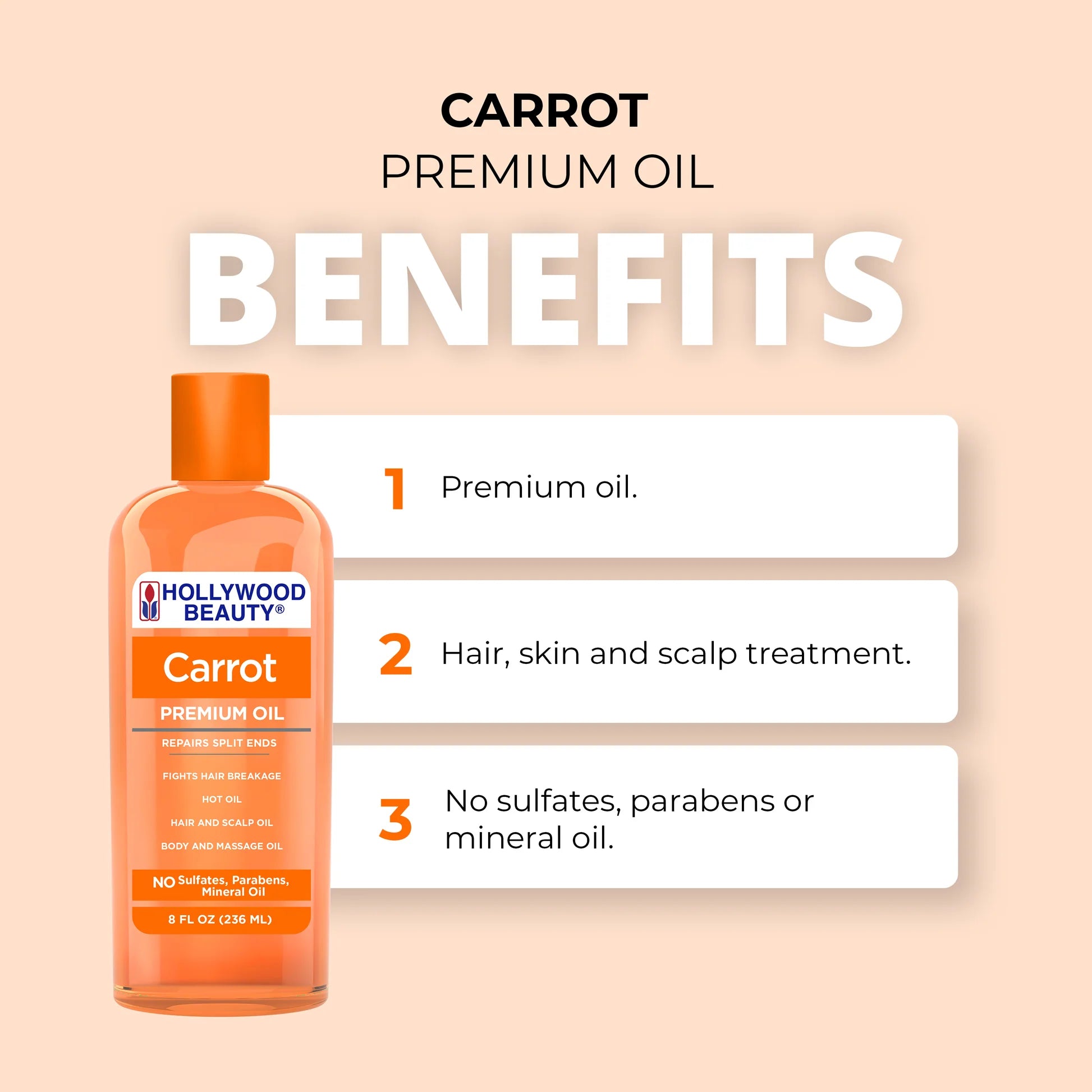 Hollywood Beauty Carrot Premium Oil bottle with benefits listed on a beige background
