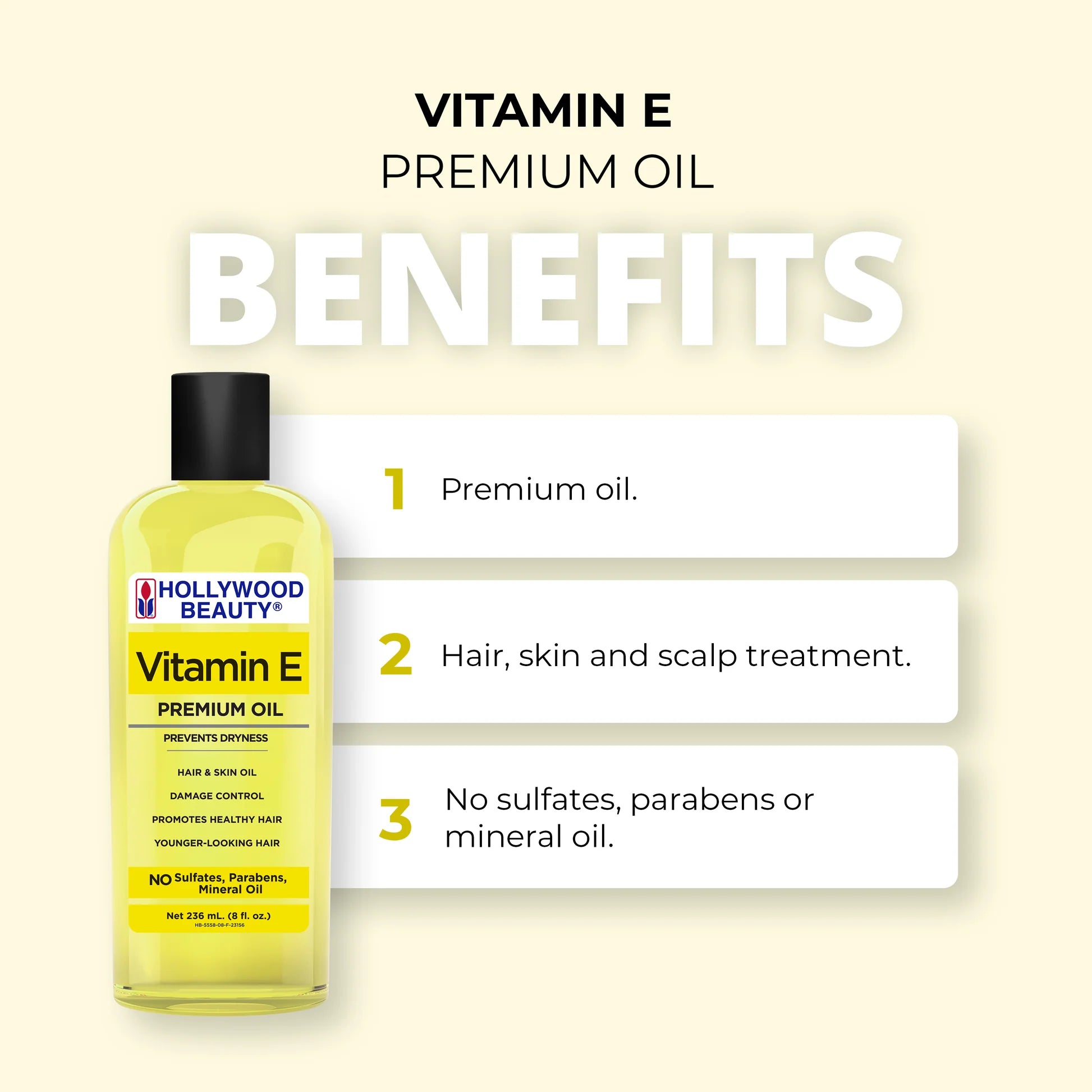 Hollywood Beauty Vitamin E Premium Oil bottle with benefits listed on a beige background