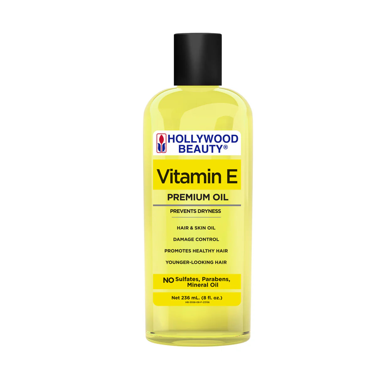 Bottle of Hollywood Beauty Vitamin E oil on a white background
