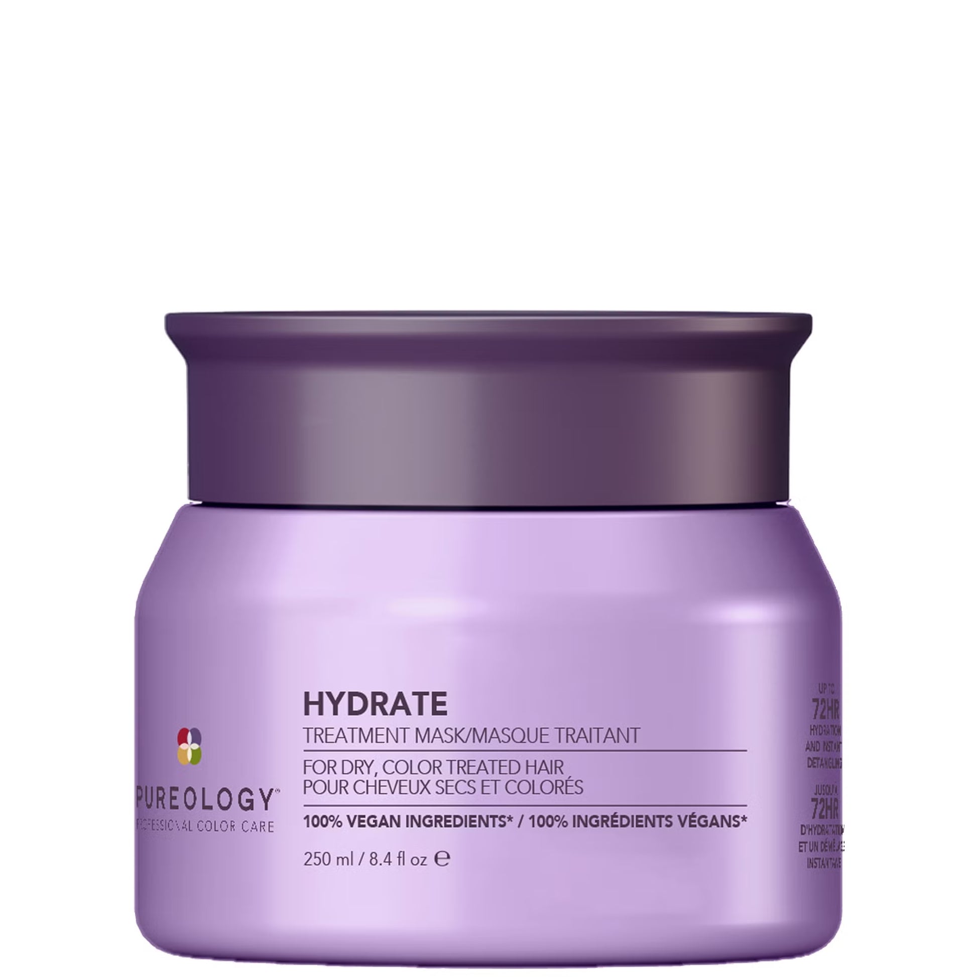 Purple jar of Pureology Hydrate Treatment Mask on a white background