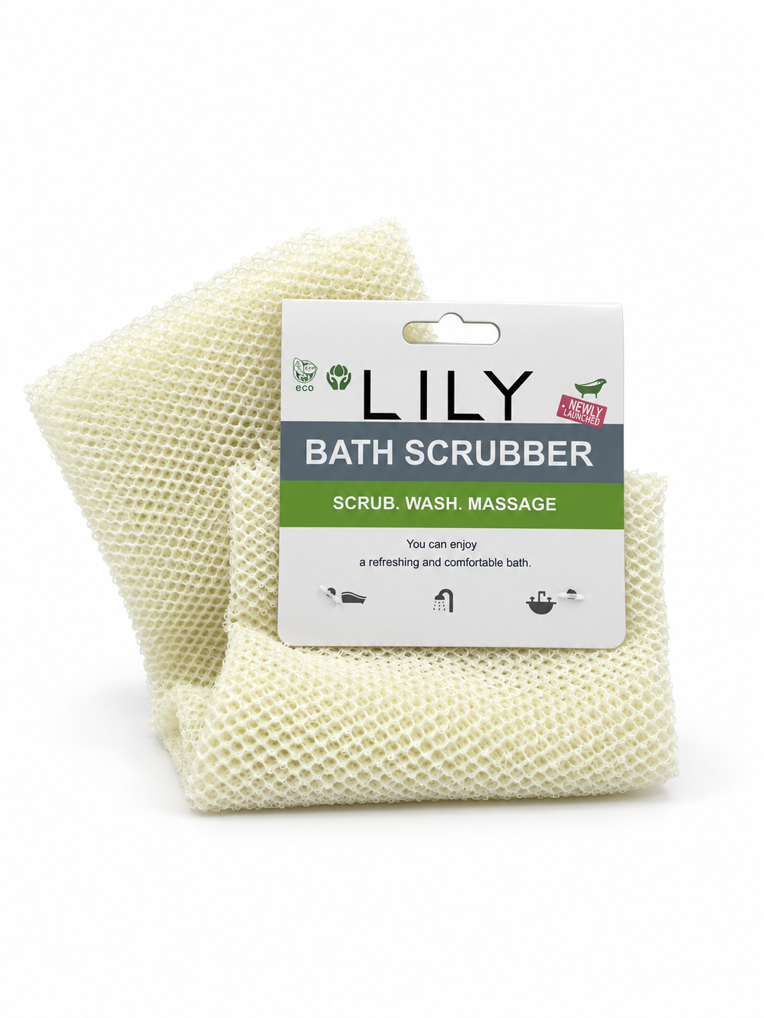 A folded pale yellow mesh bath scrubber with its retail card packaging, featuring the brand name 'LILY'.