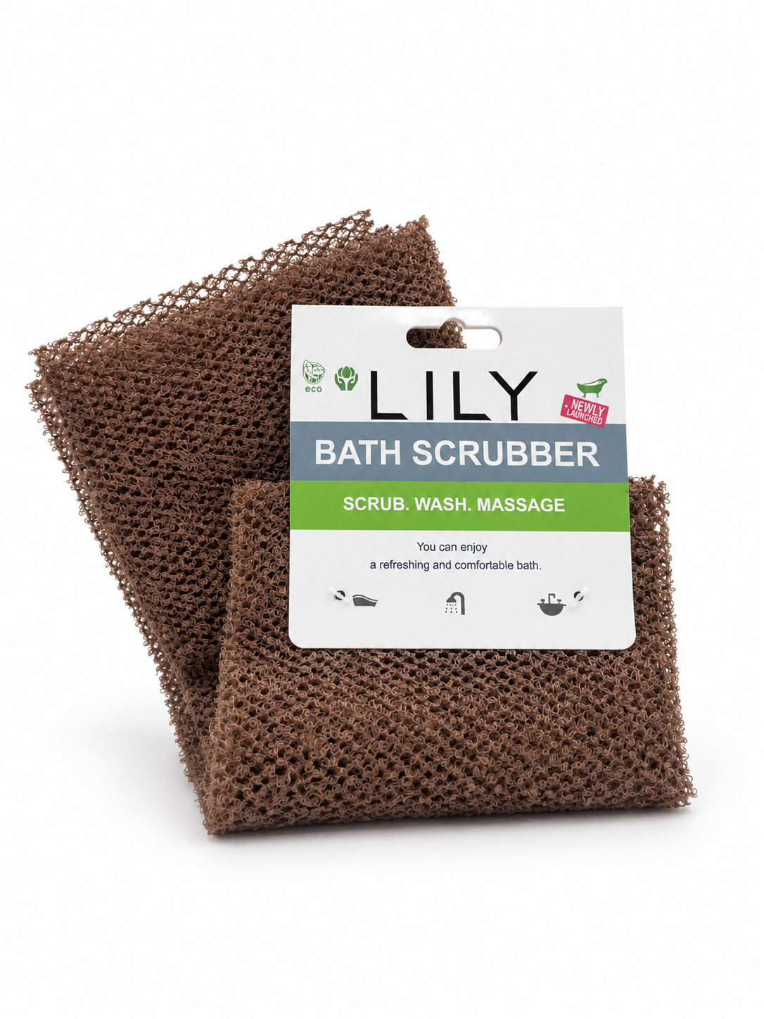 A brown mesh bath scrubber with a white, green, and gray retail hang tag labeled 'LILY BATH SCRUBBER', photographed on a clean white background.