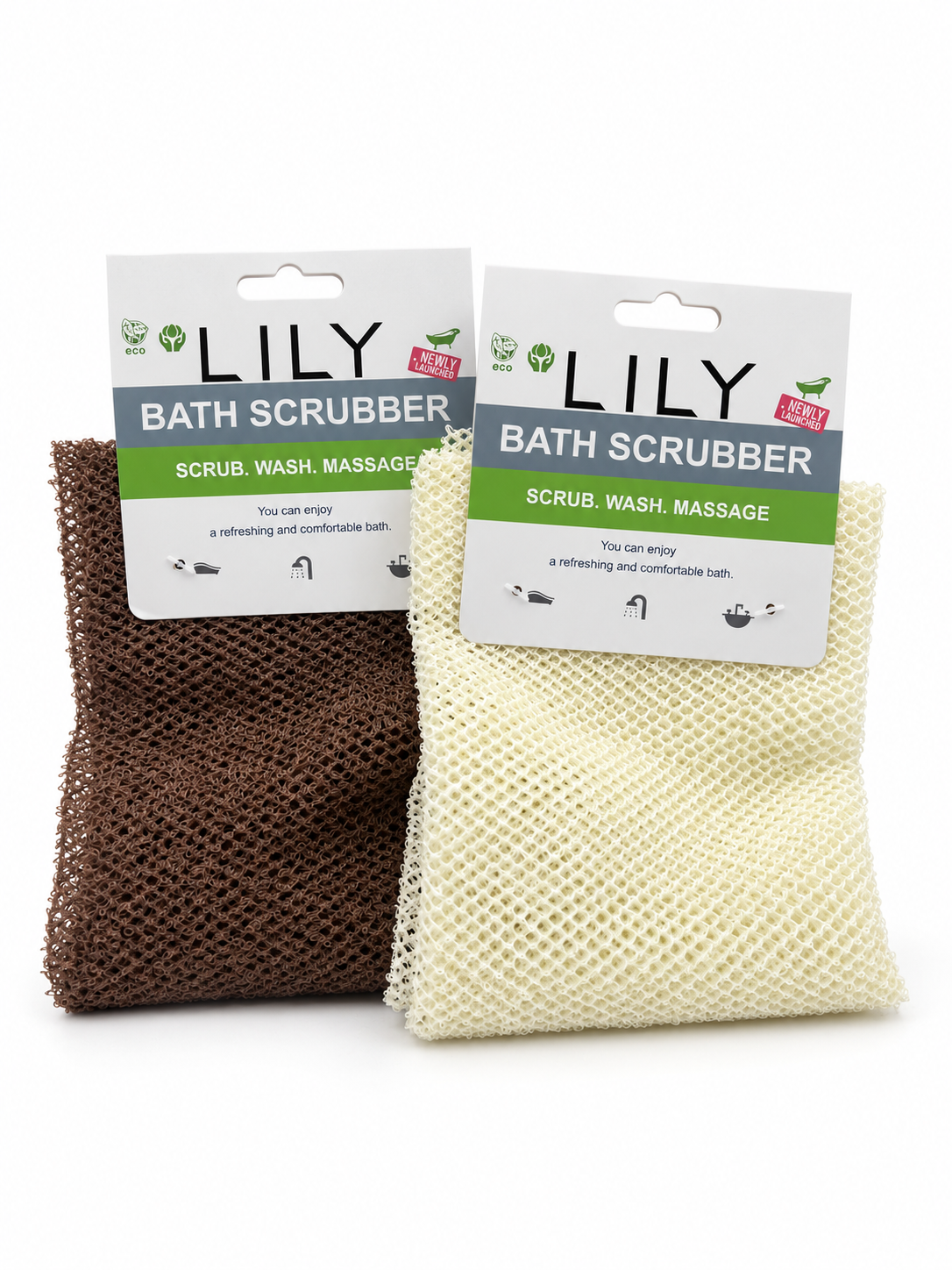 Two mesh bath scrubbers by Lily, one brown and one cream, each with a branded retail card, on a white background.