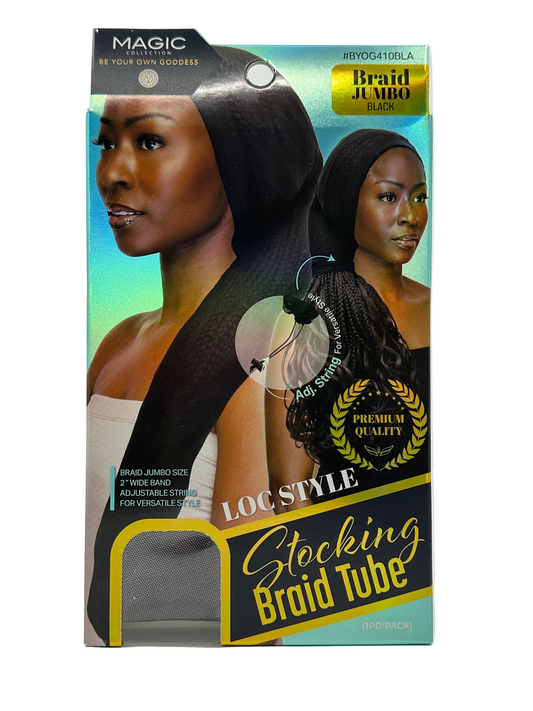 Packaging of a hair product with a woman's face on it, featuring text about loc style and braiding.
