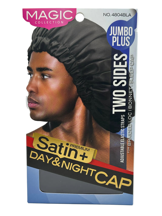 Package of a satin night cap with a model on the front, featuring the brand 'Jumbo Plus'.