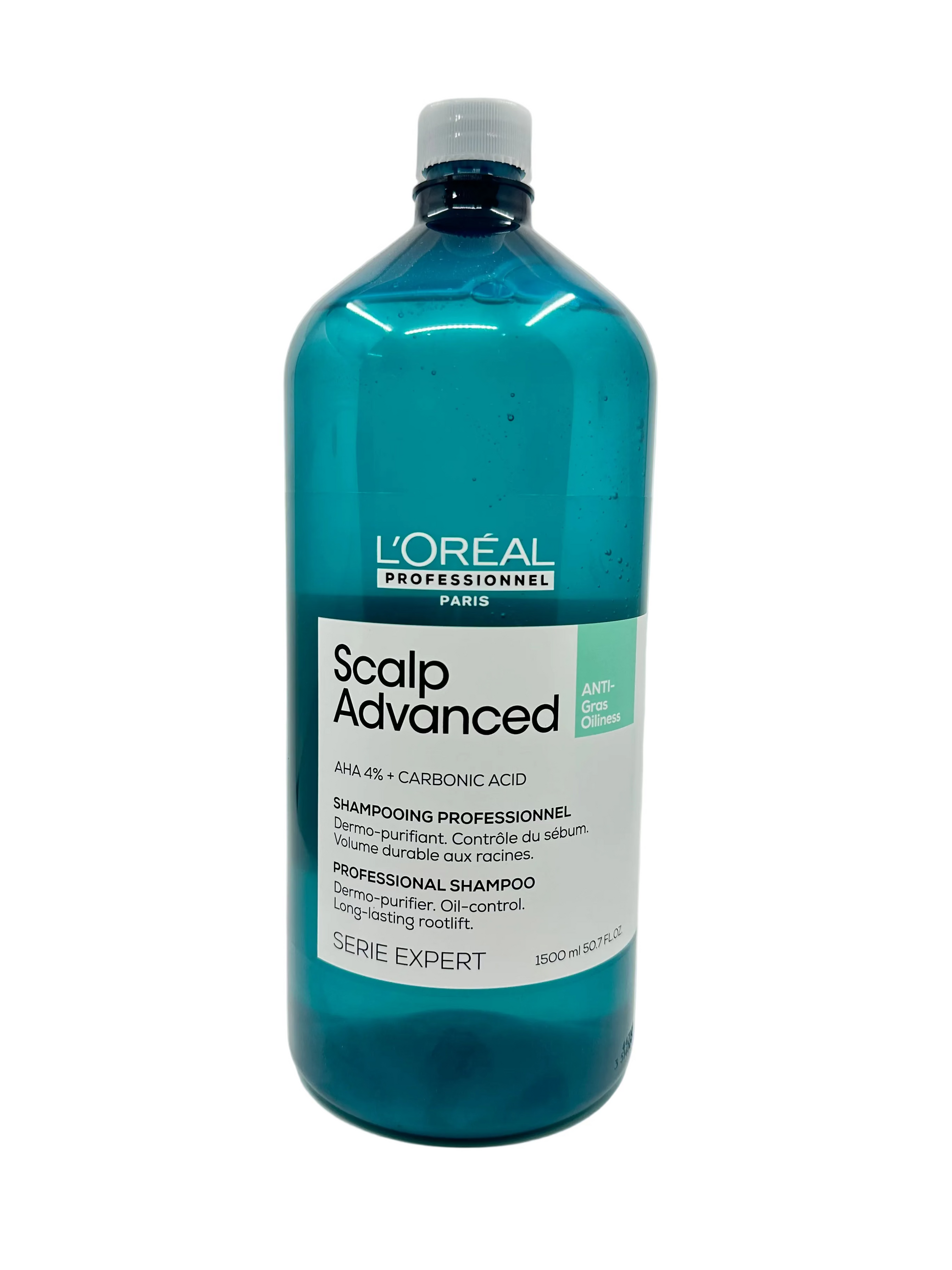 A large translucent blue bottle of L'Oréal Professionnel Scalp Advanced shampoo, featuring a white label with black text and a small mint green accent, set against a white background.