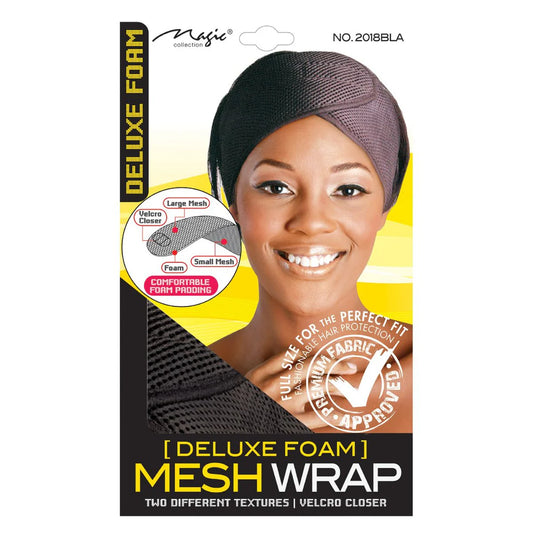 Package of Deluxe Foam Mesh Wrap with a woman wearing a headwrap on a white background