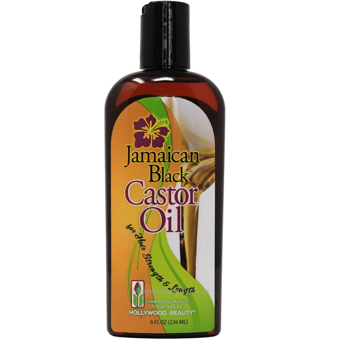 Bottle of Jamaican Black Castor Oil with a colorful label on a white background