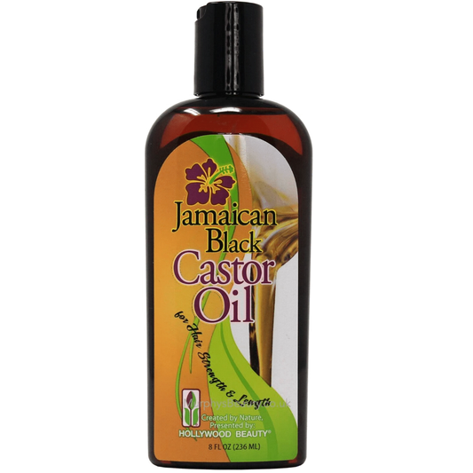 Bottle of Jamaican Black Castor Oil with a colorful label on a white background