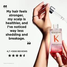 Kerastase hair care product with a hand holding it, text about hair health benefits on a white background