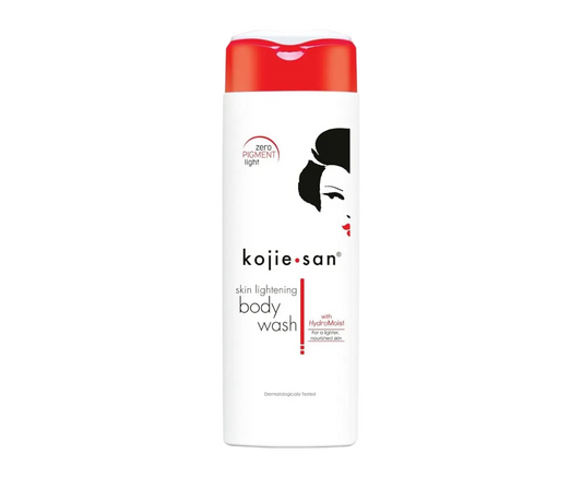 Kojie San skin lightening body wash bottle on a white background
