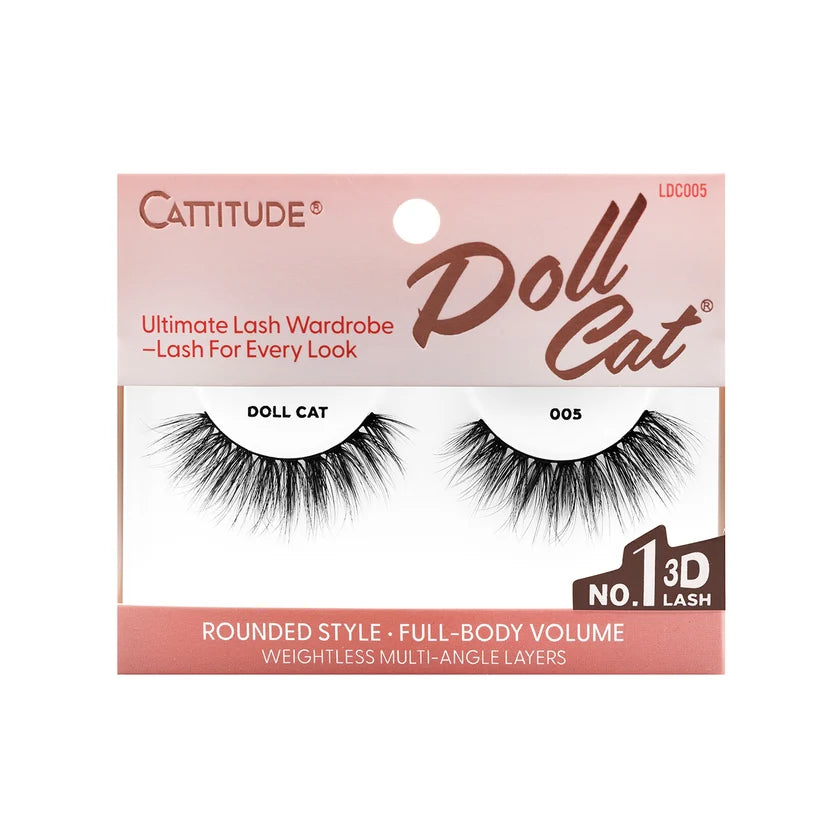 Cattitude Doll Cat false eyelashes in the shade 005, shown in their original pink and white retail packaging on a white background.