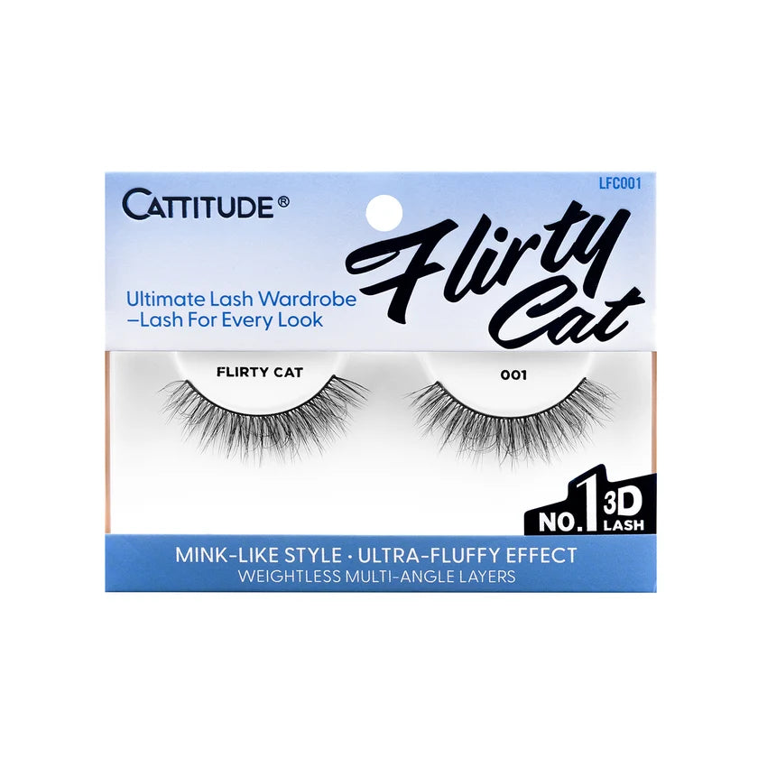 Cattitude Flirty Cat false eyelashes in a blue and white retail box, featuring two pairs of black multi-angle layers lashes.