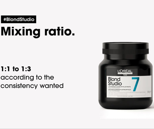 A black jar of L'Or’éal Professionnel Blond Studio 7 Hydrosequin Platinum Plus hair color sits on a white background next to promotional text reading '#BlondStudio', 'Mixing ratio.', and '1:1 to 1:3 according to the consistency wanted.